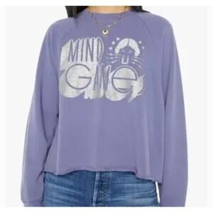 Mother Jeans Mind Games Cropped Sweatshirt Purple Graphic Raw Hem Size L